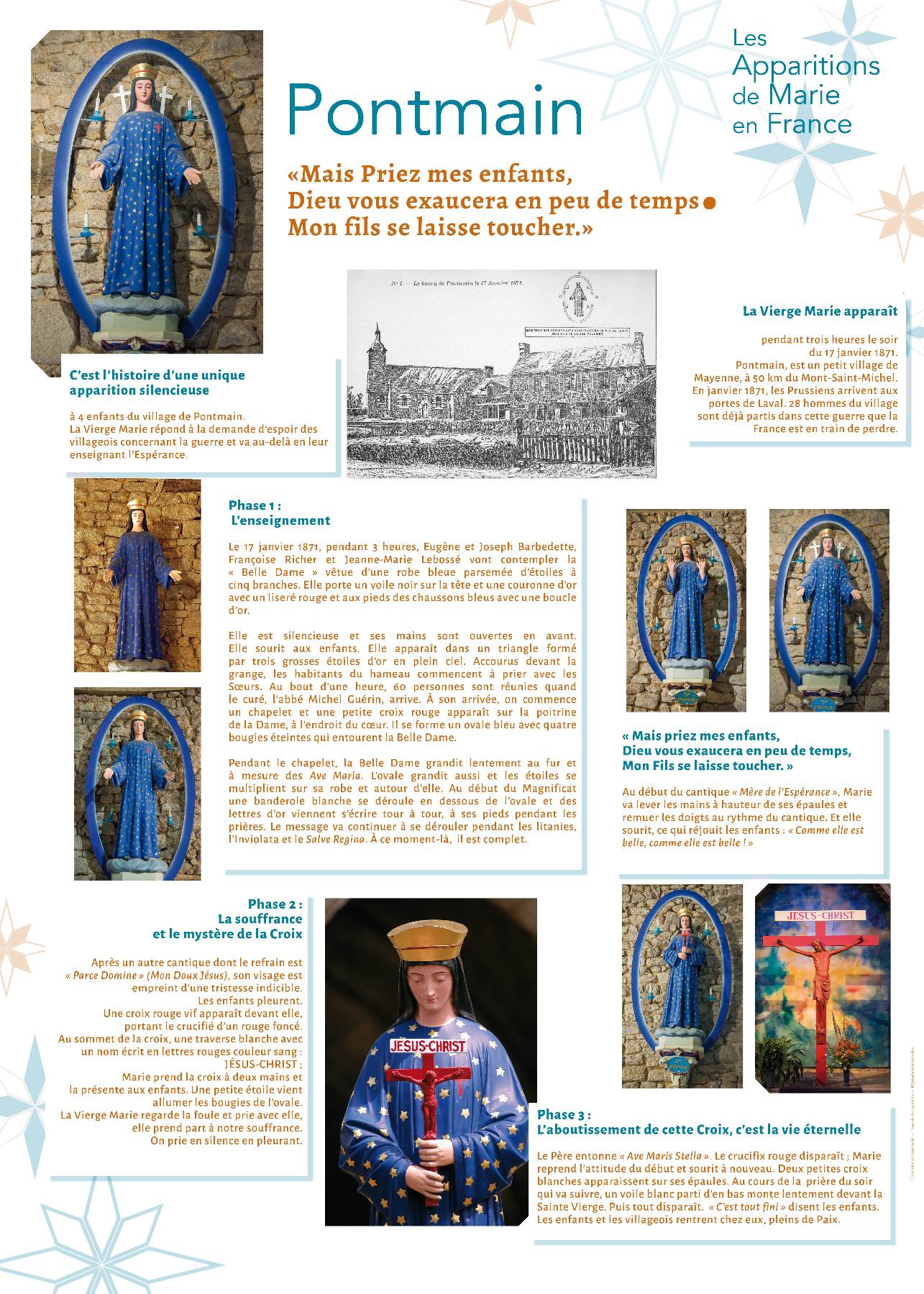 Nom de l'image : Apparitions-de-Marie-en-France_Serie-de-13-affiches_04 — Description :  Apparitions de Marie en France : 2. Pontmain (1871) 1/2